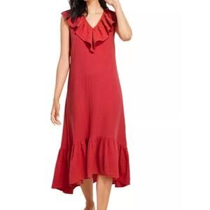 Vineyard Vines Red Ruffle Trim Double Gauze Minimalist Beachy Midi Dress Size XS